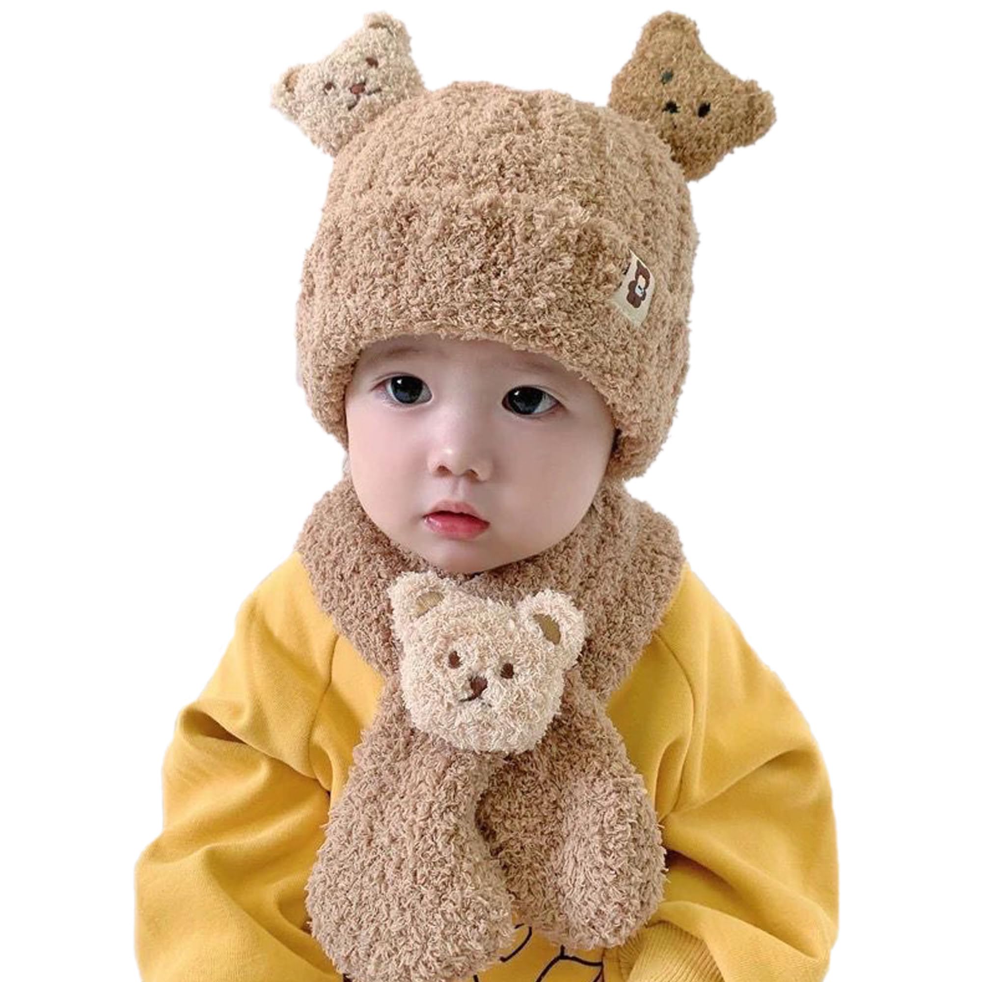 BabyMoon Winter Bear Fleece Soft Baby Cap Hat with Scarf Boy’s Girls Kids Cap Hat Headwear | Brown | 0-3 Yr-image-2