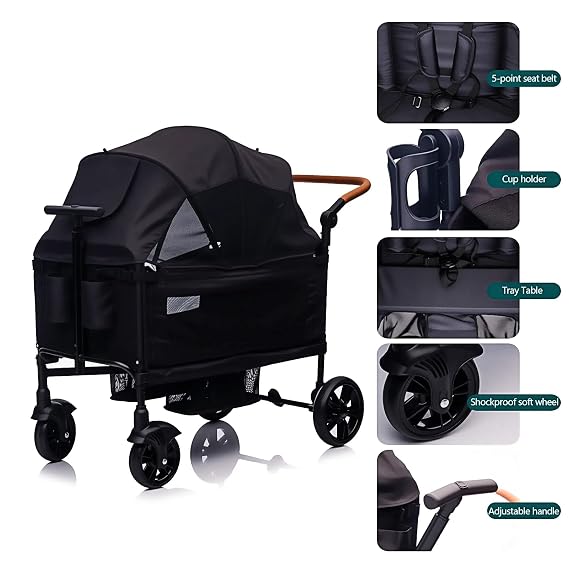 Luxury Wagon Stroller for 2 Kids & Cargo-Lightweight Foldable Travel Push Pull All-Terrain Double Wagon for Newborn&Toddler with 5-Point Harness,Adjustable Handle, Canopy,Tray Table,Cup Holder