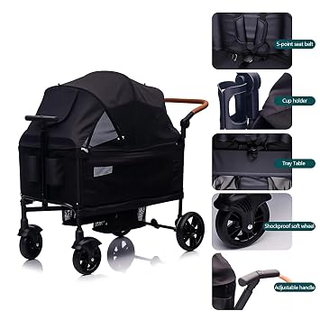 Luxury Wagon Stroller for 2 Kids & Cargo-Lightweight Foldable Travel Push Pull All-Terrain Double Wagon for Newborn&Toddler with 5-Point Harness,Adjustable Handle, Canopy,Tray Table,Cup Holder