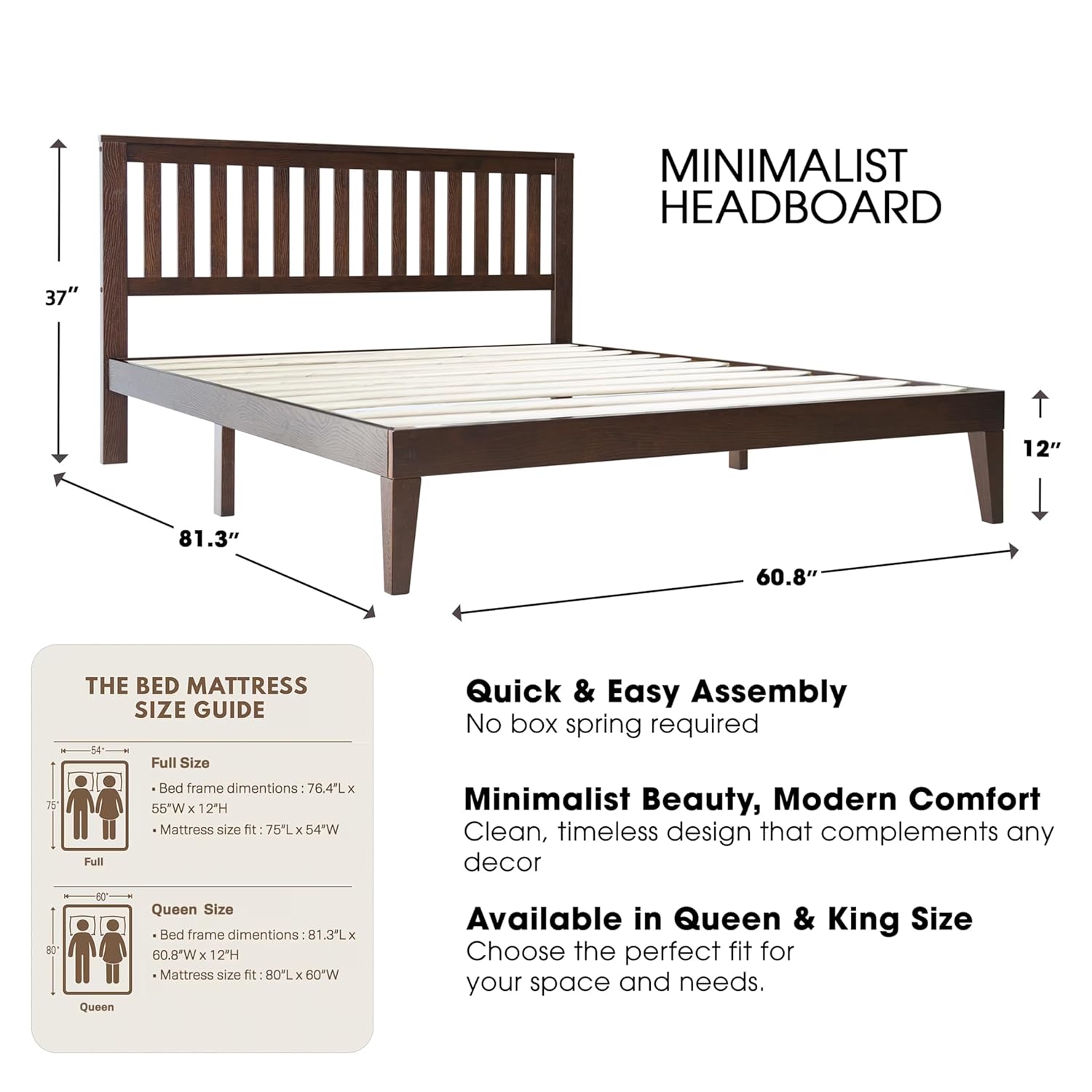 Queen Size Bed Frame with Headboard & Footboard, Solid Wood Platform Bed, Metal Legs, 12 Durable Slatted, Noise-Free & Anti-Slip, No Box Spring Needed, Easy Assembly, Dark Roast Oak Finish JPQ-32