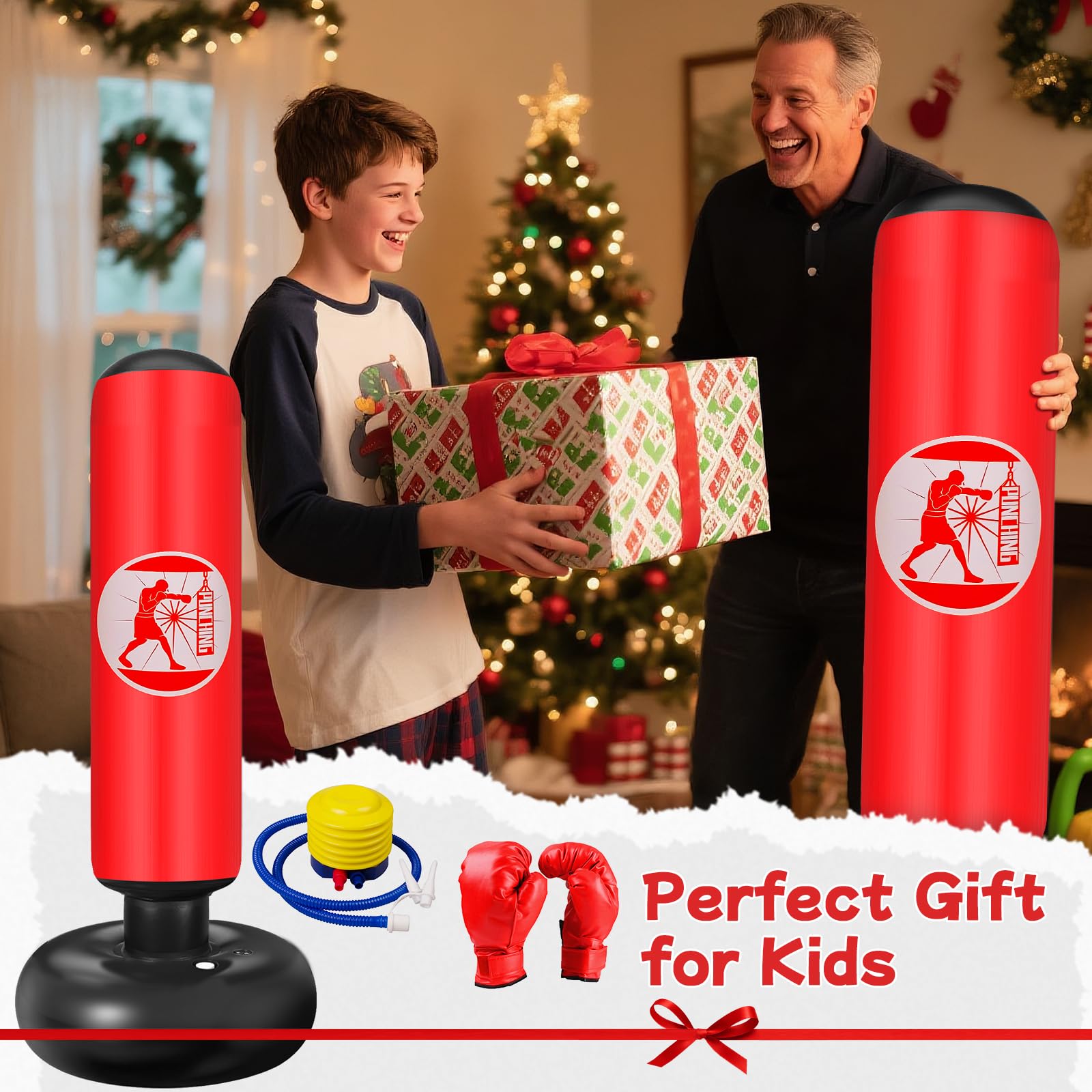 Ninonly Saco de Boxeo Niños, 160cm Saco de Boxeo Hinchable con Guantes y Bomba, Punching Ball 3 a 12 Años Regalos para Niños y Niñas, Bolsa de Box para Practicar MMA Karate Taekwondo