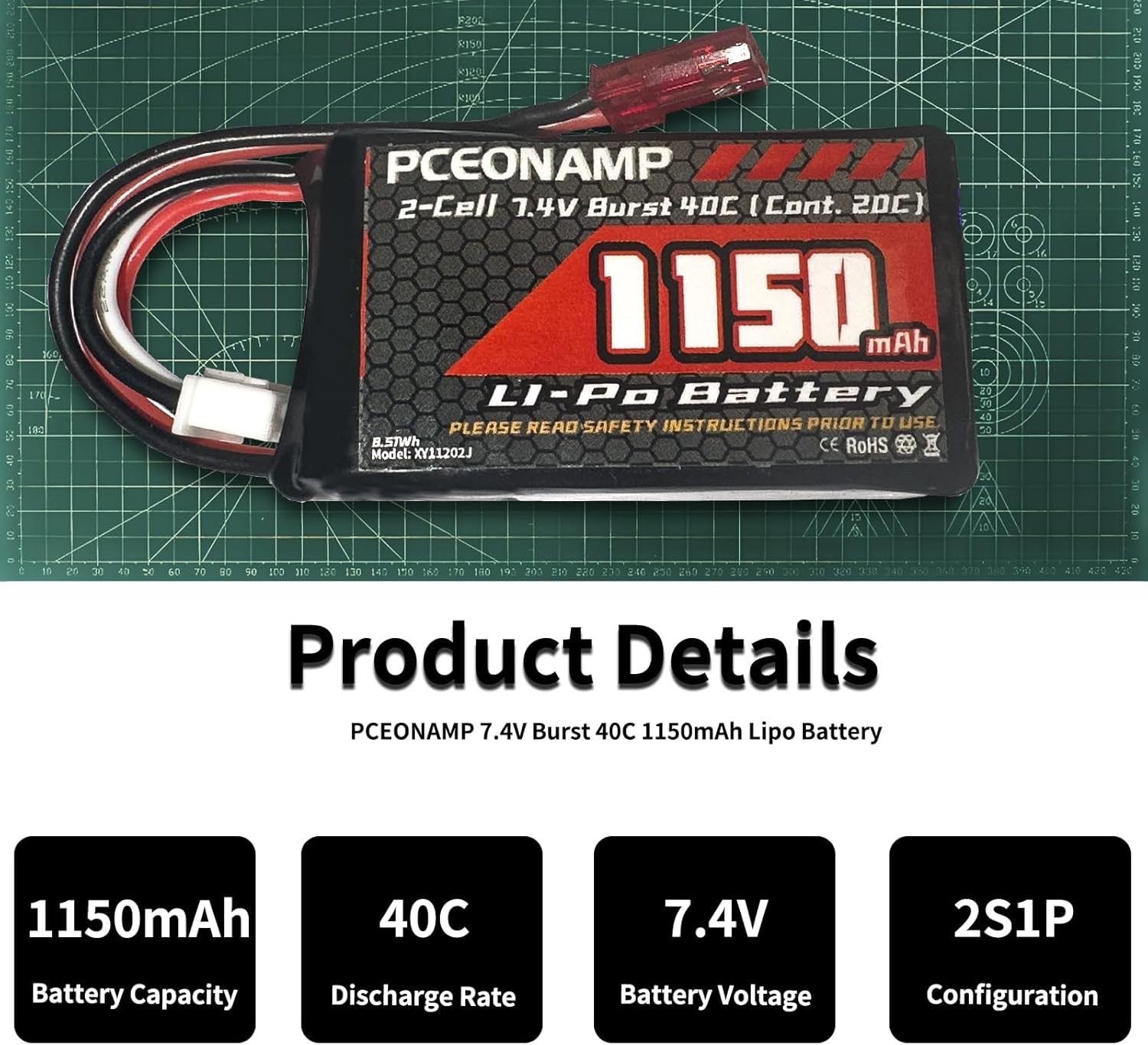 2S Lipo Battery 1150mAh 7.4V Burst 40C with JST Plug Rechargeable High Capacity RC 7.4V Lipo Battery Fit for RC Cars A949, A959 or 1/18 Scale RC Cars Trucks with 1 USB Charger （2packs）