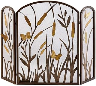 CAZARU Fire Screen/Spark Guard American Handcrafted Fireplace Screen With Net Butterfly Cattail Decorative Mantelpiece Hollow Partition Fireplace Spark Guard