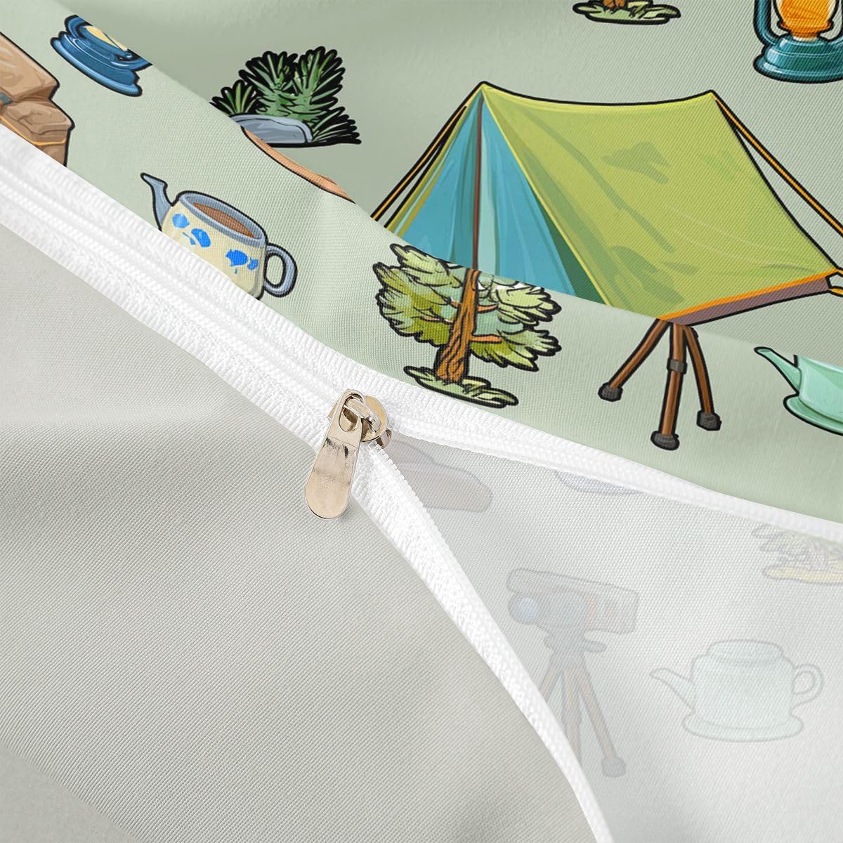 Loussiesd Funda de edredón con temática de campista verde, tamaño Super King, funda de edredón para niños y niñas, accesorios de caravana, juego de ropa de cama, 3 piezas, decoración de habitación
