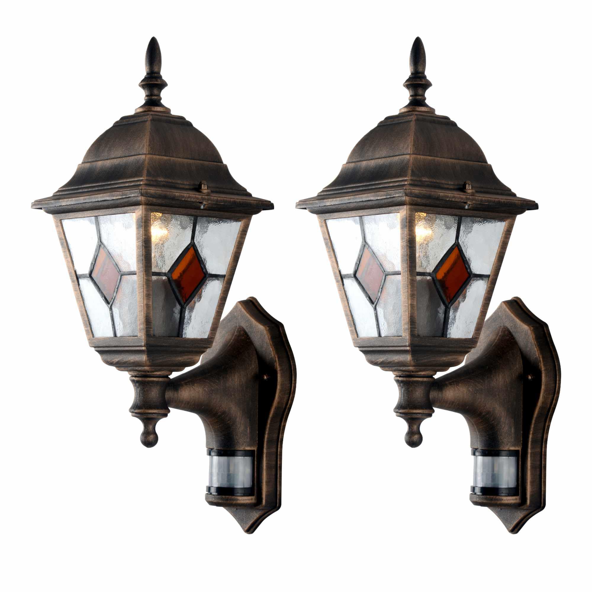 firstchoicelighting Set of 2 Traditional Outdoor Garden Porch Security Wall Lights, PIR Motion Sensor Activated, Black & Brushed Gold Finish with Glass, IP44 Rated Waterproof, LED Compatible