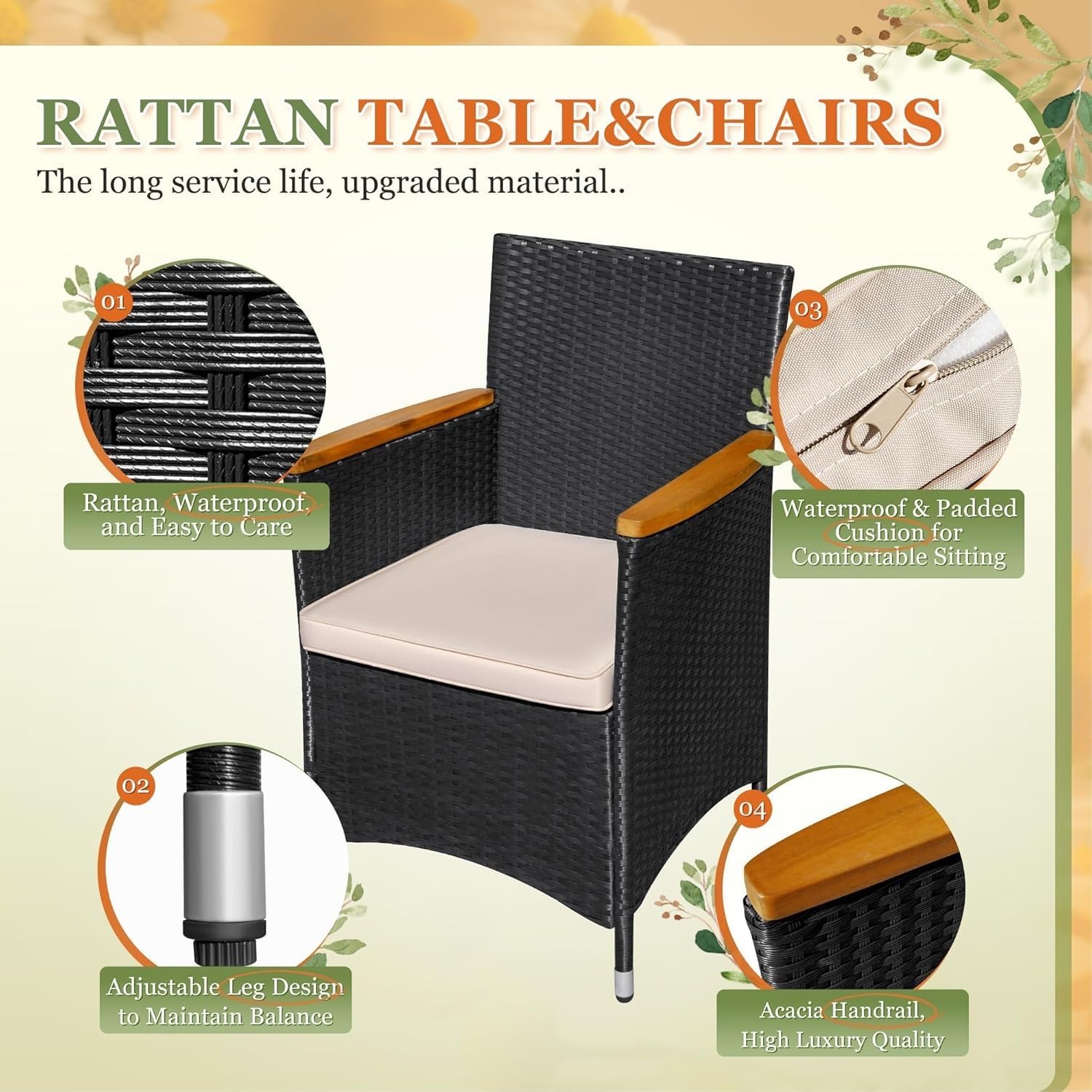 7 Pieces Outdoor Patio Dining Set with 1 Table and 6 Rattan Chairs Curved Wooden Armrests Cushions Conversation Sets for Backyard Porch Balcony