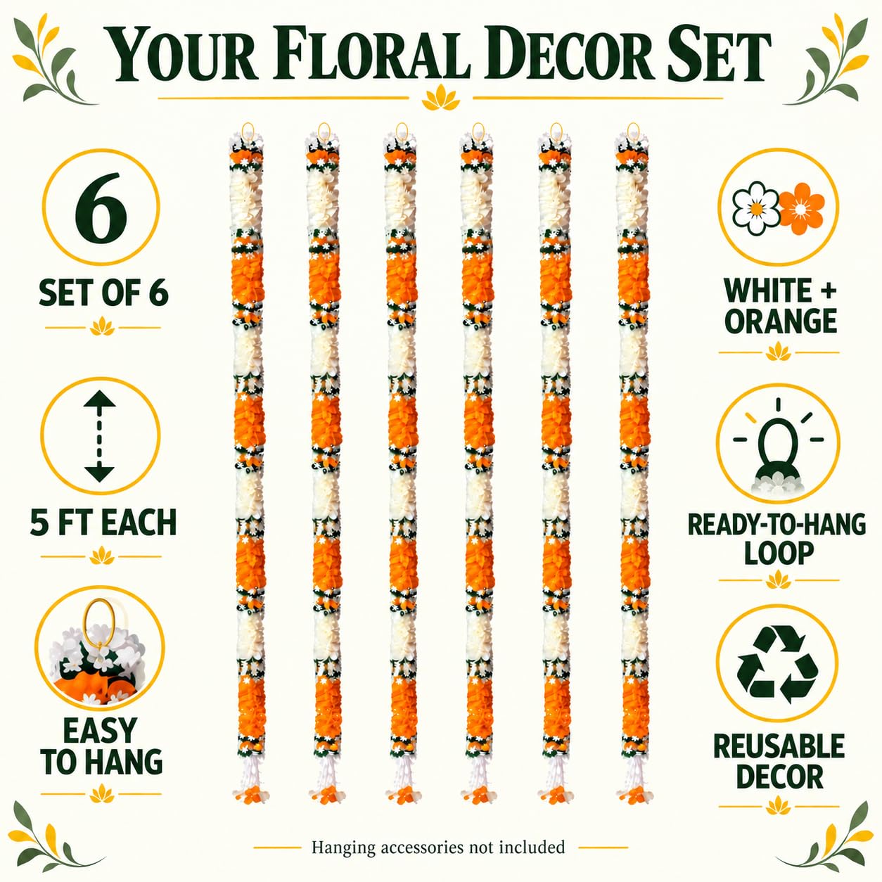 Artificial Flower Garlands - White Jasmine & Orange -6 Artificial Flower Garlands - White Jasmine & Orange -6