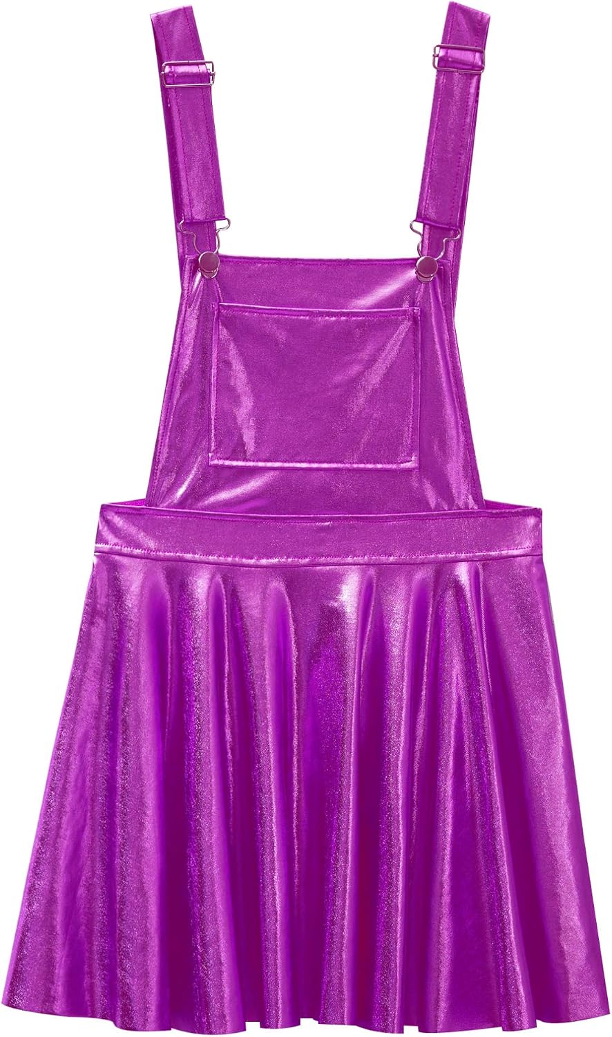Agoky Kids Girls Shiny Overall Dress Metallic Adjustable Suspender Skater Skirt Stretchy A-Line Pleated Jumper