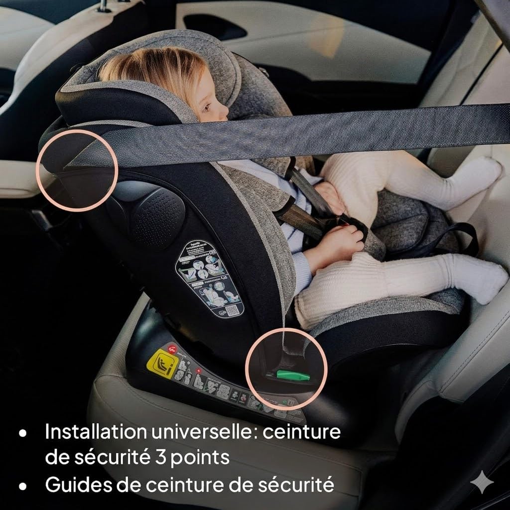 Nania Prato, seggiolino auto per bambini, I-Size, 40-150 cm, evolutivo dalla nascita, fino a circa 12 anni, fissaggio cintura di sicurezza, poggiatesta e inclinazione regolabili, supporto lombare e