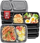 NEEBAKE 60 Sets 32oz Meal Prep Containers 2 Compartment - Plastic Food Storage Containers 2 Compartments with Lids