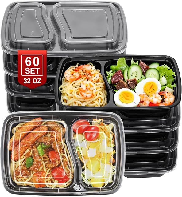 NEEBAKE 60 Sets 32oz Meal Prep Containers 2 Compartment - Plastic Food Storage Containers 2 Compartments with Lids