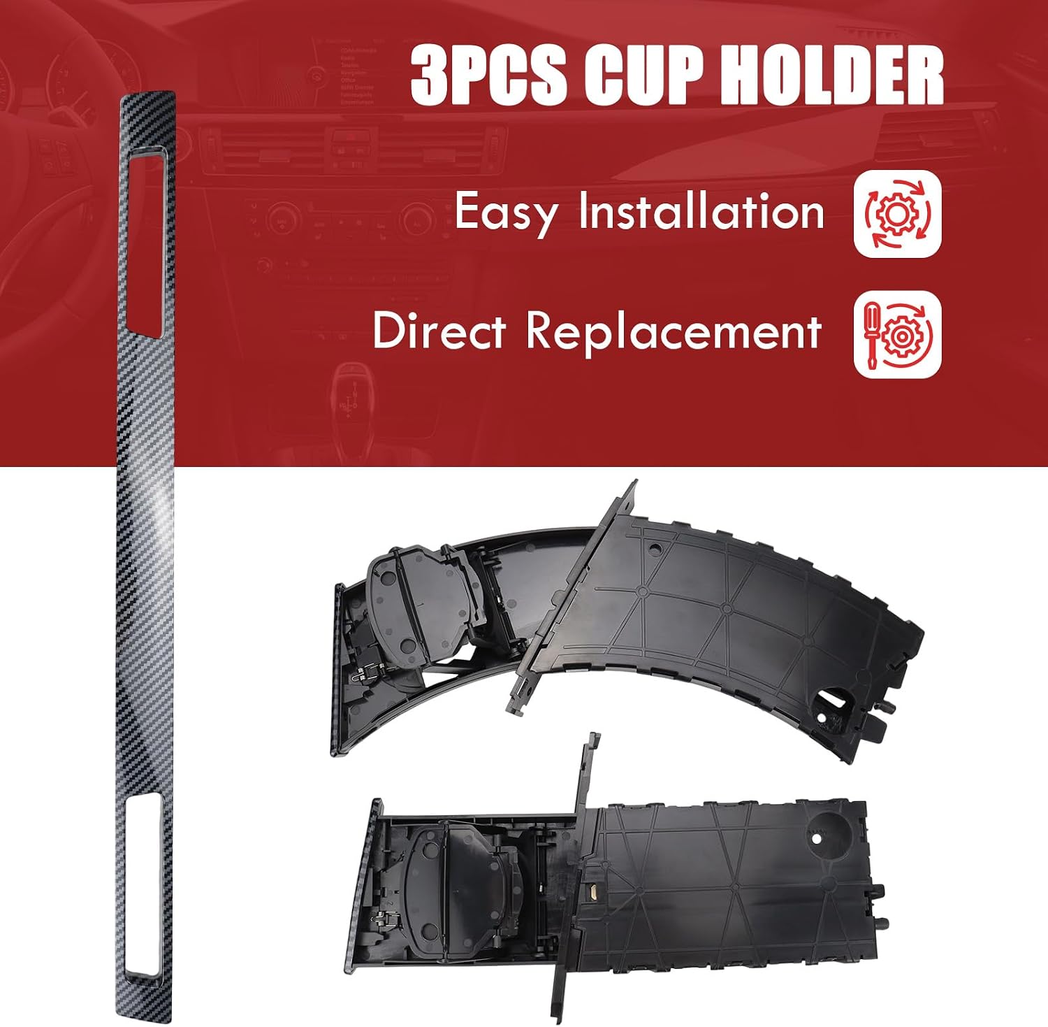 3Pcs Carbon Fiber Cup Holder Trim Driver & Passenger Side Retractable Set