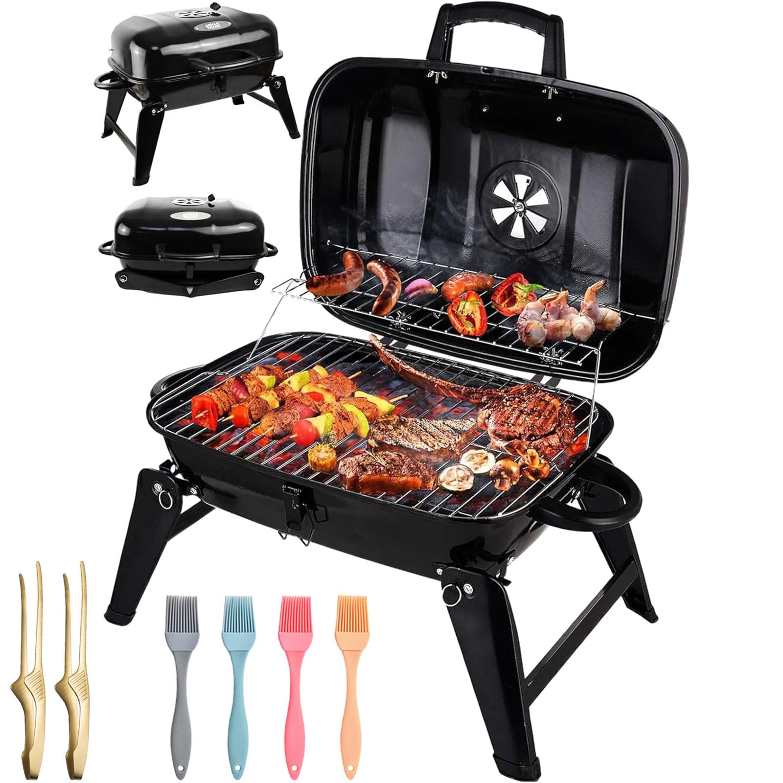 Grill a carbone portatile, mini pieghevole leggero grill barbecue con riscaldamento rack, piccolo tavolo top a carbone per il campeggio, cucina all'aperto - per picnic, giardino