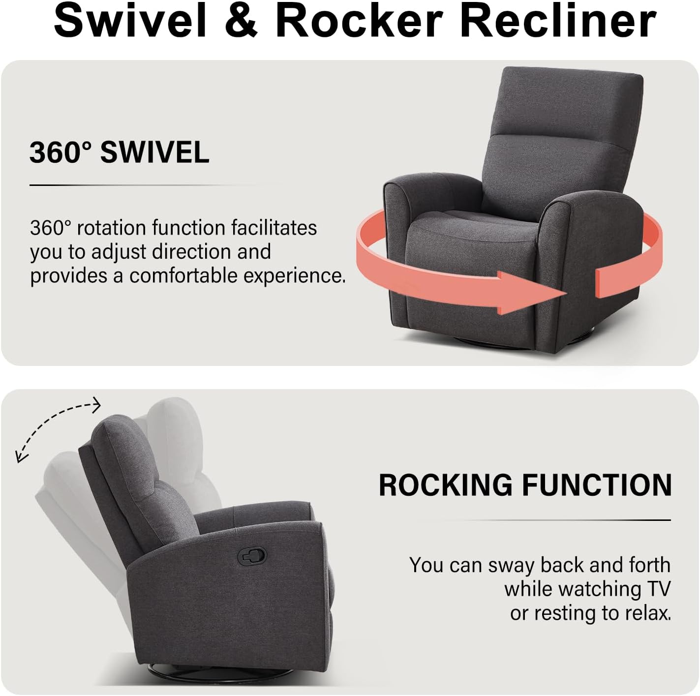 CANMOV Swivel Rocker Recliner, Manual Chenille Glider Rocking Chair, Swivel Glider Recliners with Soft Backrest, 360° Swivel Nursery Reclining Sofa for Living Room Bedroom, Grey