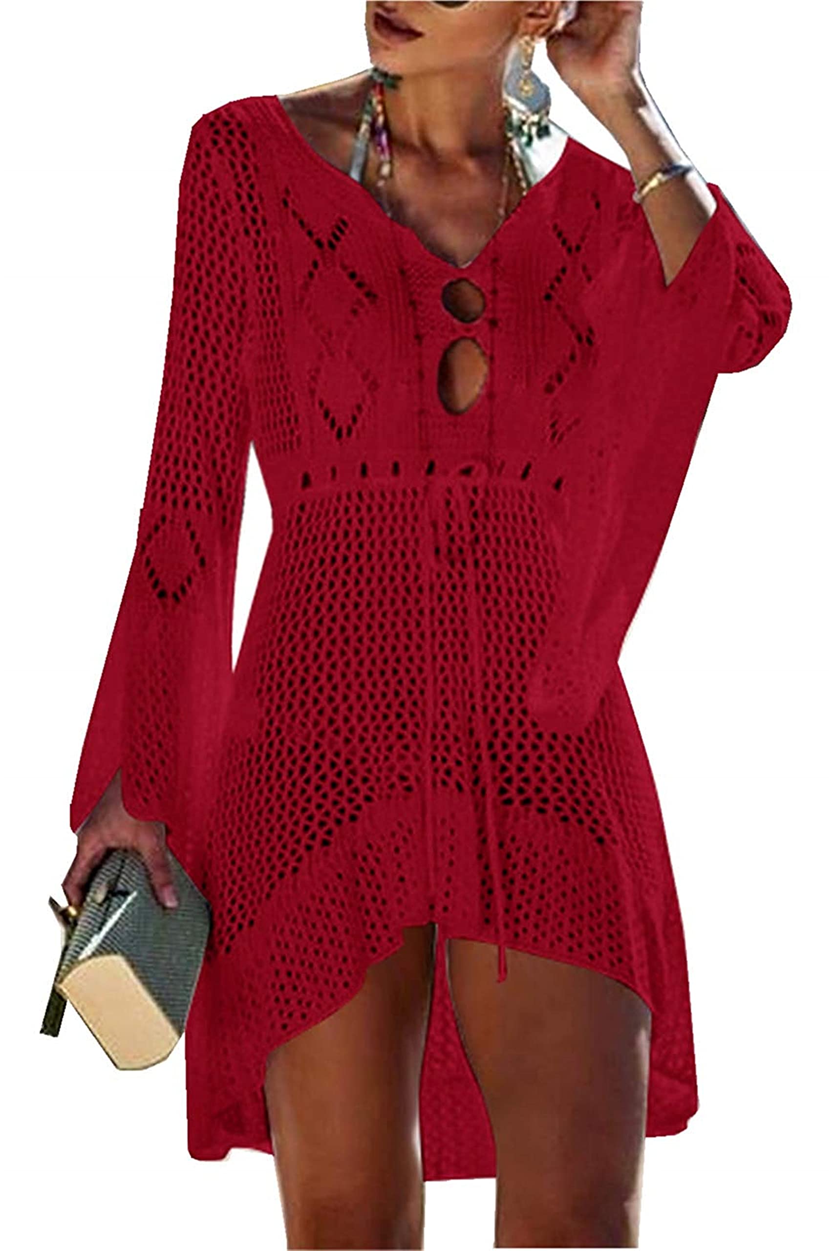 Jinsha Mujer Vestido Punto Traje Ropa de Playa Camiseta Pareos Cover ups Kimono Bikini Baño Sexy Largo Suelto Suave Cómodo V Cuello Hueco Cobertura Pareos de Playero