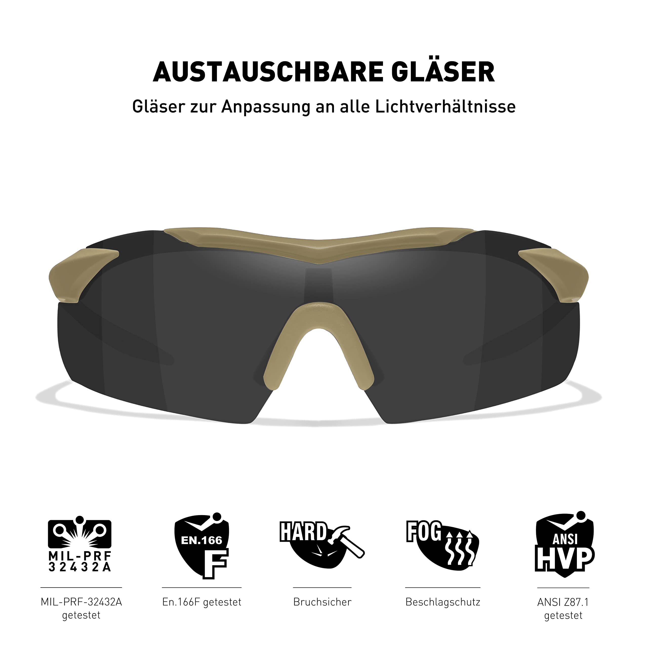 Wiley X Uniseks │ Taktyczne okulary przeciwsłoneczne na świeżym powietrzu, owijane wokół ramki│ WX Vapor 2,5 │ Okulary ochronne│ Wymienne soczewki, Szare, przezroczyste soczewki | Matowa brązowa