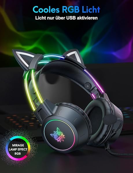 Cat Ear Gaming Headphones with Detachable Ears, RGB, 7.1 Surround Sound – Over-Ear Headphones with Microphone, Lightweight & Comfortable for Kids/Adults, Compatible with PC, PS4/PS5, Xbox One Series - 3