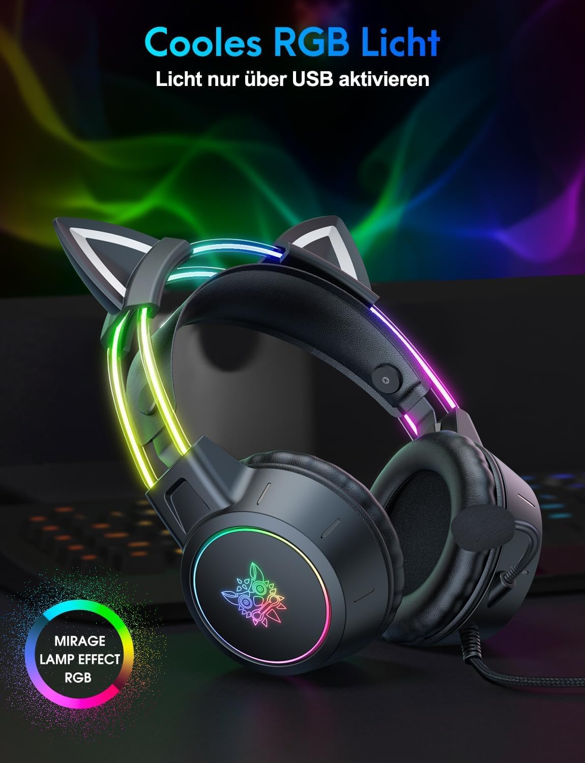 Cat Ear Gaming Headphones with Detachable Ears, RGB, 7.1 Surround Sound – Over-Ear Headphones with Microphone, Lightweight & Comfortable for Kids/Adults, Compatible with PC, PS4/PS5, Xbox One Series — view 3
