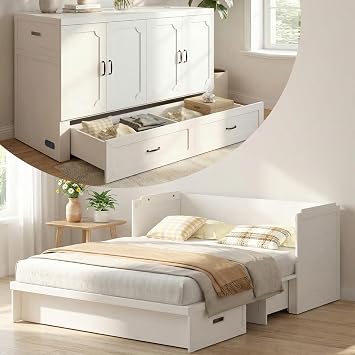 CECER Queen Size Murphy Bed,Murphy Cabinet Bed Queen with Charging Station & Storage Drawer for Small Spaces/Guest RoomWhite