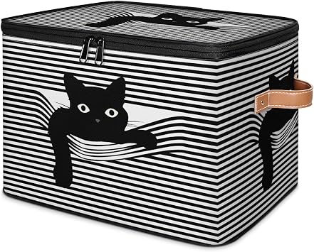 Black Strips Cat Foldable Storage Bins with Zipper Lids Collapsible Clothes Storage Basket Toy Cube Storage Bin for Bedroom Kitchen Bathroom Organizer 1 Pack