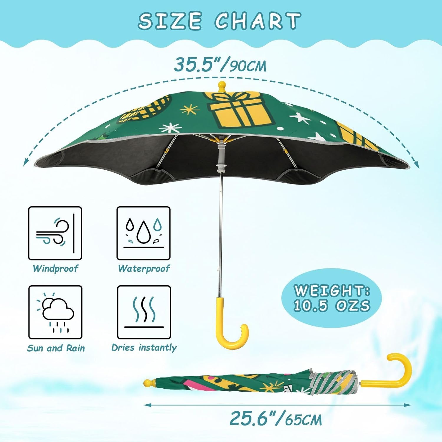 Christmas Tree Pineapples Snowmen Umbrellas for kids age 3-8 Wind and Rain Protection Umbrella with Reflective Strip for travel with Easy-Grip Hook Handle