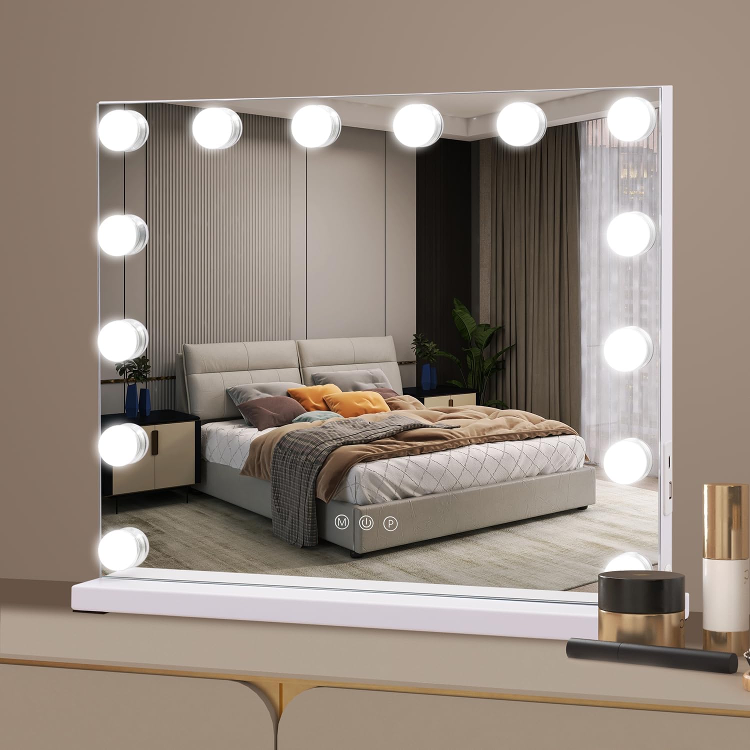 Hollywood Vanity Mirror with Lights, 50×42cm Large Lighted Makeup Mirror with 14 Dimmable Bulbs, 3 Color Modes, Touch Screen Control, Tabletop or Wall Mounted Cosmetic Mirror For Bedroom