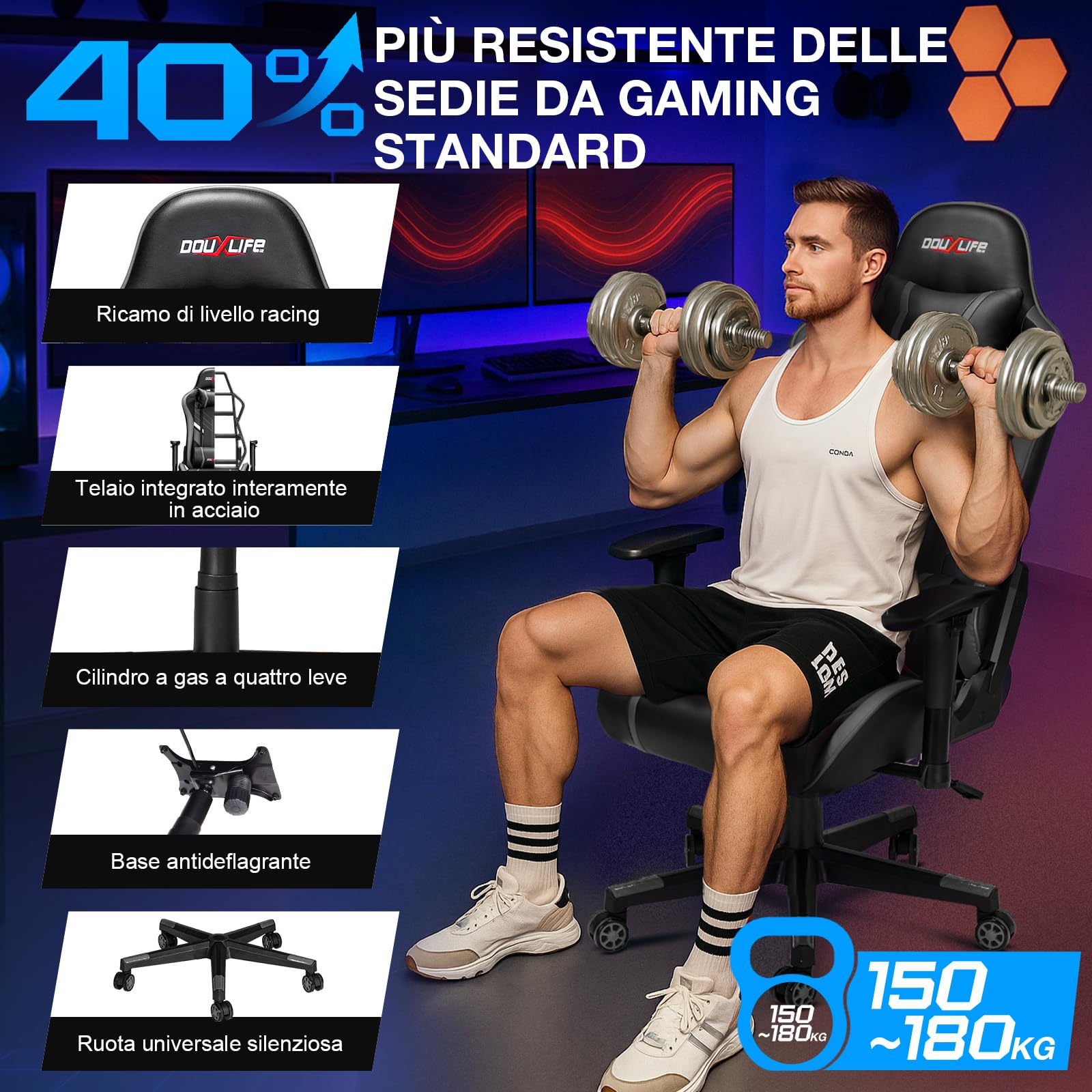 Douxlife Sedia da Gaming con Massaggio a 7 Punti, Sedia da Ufficio Ergonomica Schienale Regolabile 90-175°, Bracciolo 2D Regolabile, Poltrona da Gaming per Adulti, Portata 150-180 kg, Grigio