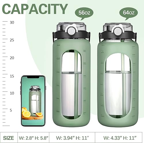 Miniatura 6 de BLUEGO Botellas de agua de vidrio de 64 onzas con marcador de tiempo y pajilla, botella de agua motivacional grande de medio galón, con funda de