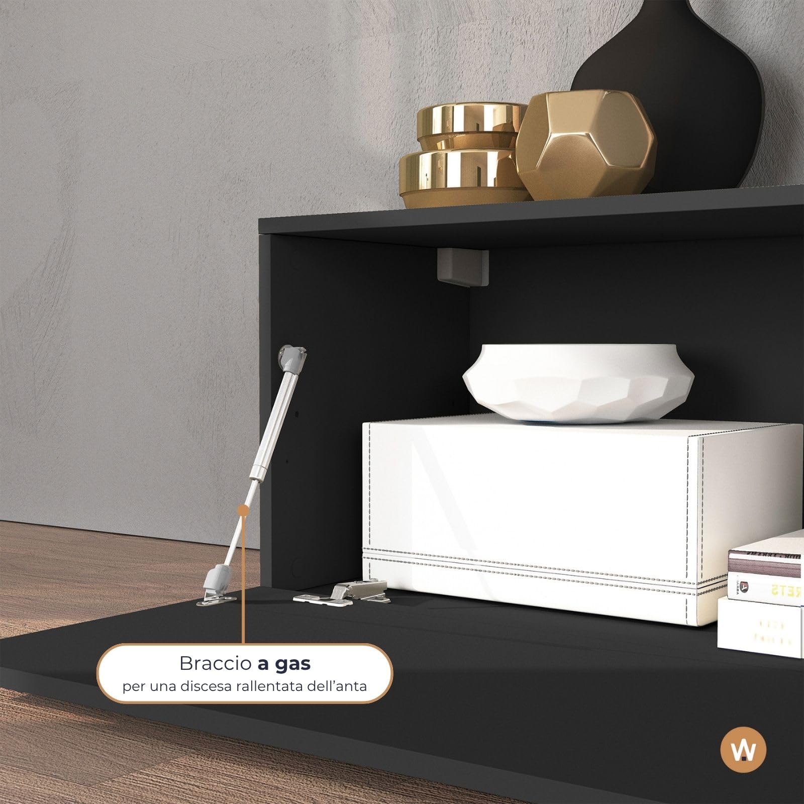 WHOUS Parete Attrezzata CHRONOS per Soggiorno, Mobile Porta TV, 2 Pensili a Cubo e Mensola per Salotto in Legno, 210x40 cm, Antracite Opaco e Rovere