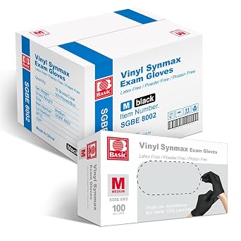 Jointown Vinyl Exam Gloves- 4 mil Safty Glove Latex-Free & Powder-Free, SGBE 8002 Synmax Disposable Medical Glove Medium Case of 1000, Black
