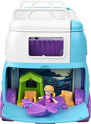Miniatura 3 de Polly Pocket Furgoneta Glamping con doble campamento para muñeca Polly de 3 pulgadas y muñeca Micro Polly; la camioneta se abre a la sala de estar y