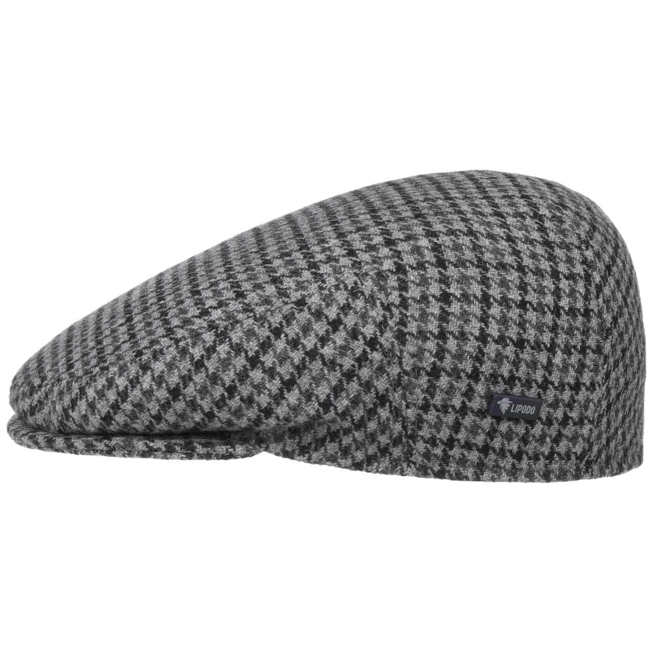 Lipodo Inglese Classic Herringbone Flat Cap Lined Made in Italy Unisex Fall Winter Wool Plaid Grey-Black