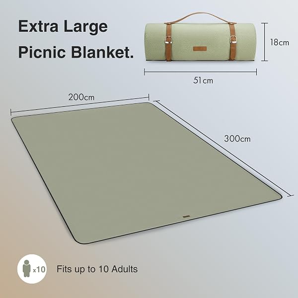 VonShef Picnic Blanket, Green Herringbone Extra Large Outdoor Rug with Waterproof Backing, 10 Person Weatherproof Picnic Mat with Faux Leather Handle, Water Resistant Camping Accessories, 200x300cm - 3