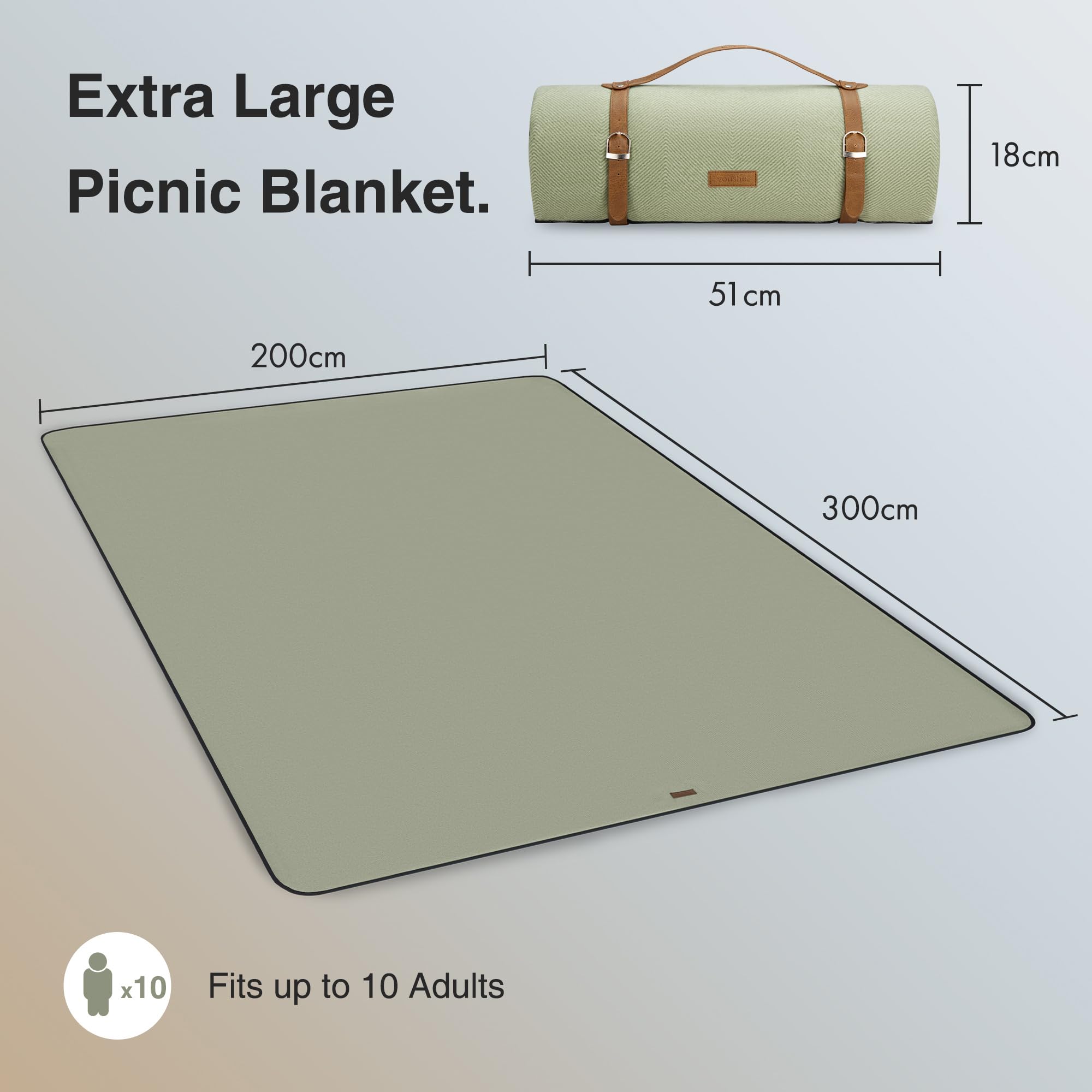 VonShef Picnic Blanket, Green Herringbone Extra Large Outdoor Rug with Waterproof Backing, 10 Person Weatherproof Picnic Mat with Faux Leather Handle, Water Resistant Camping Accessories, 200x300cm — view 3
