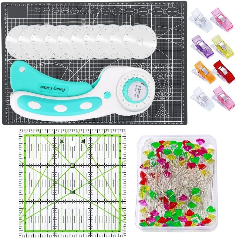 Nonvor 213Pcs 45mm Rotary Cutter Kit with 10pcs Blades A3 Cutting Mat Acrylic Quilting Ruler Sewing Clips Dressmaker Pins Tools