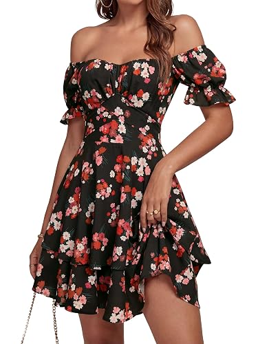 LYANER Women's Tie Back Off Shoulder Wrap Layer Ruffle A Line Short Sleeve Casual Mini Dress - Small - Flower Black