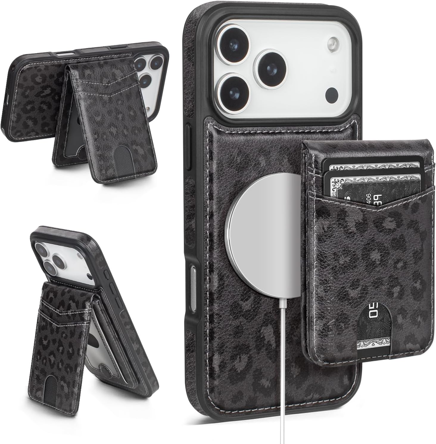 Compatible with Magsafe 2 in 1 Detachable iPhone 17 Pro Wallet Case with Card Holder for Women Men,Magnetic PU Leather RFID Blocking Flip Kickstand Credit Slots,for Apple 17 Pro,Leopard-Black