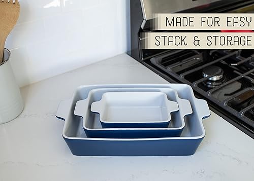 Vista 4 de Nat & Jules - Juego de 3 platos para hornear de cerámica de 12 x 8 pulgadas, color azul
