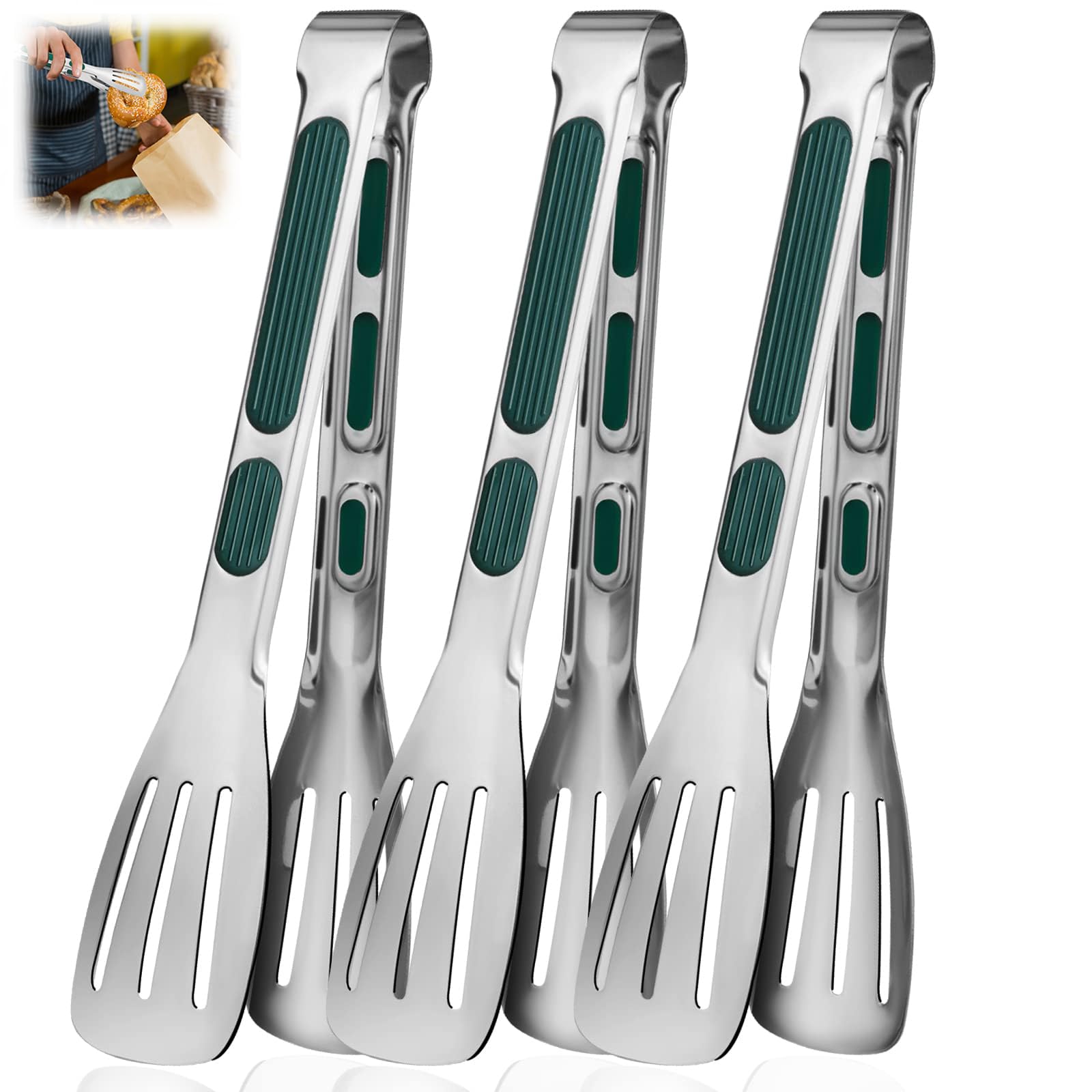 AZONEE3Pcs Kitchen Cooking Serving Tongs, 9 Inch Non-Slip Stainless Steel Metal BBQ Tongs, Steak Food Grade Kitchen Tongs for Cooking, Salad, Meat, BBQ, Frying