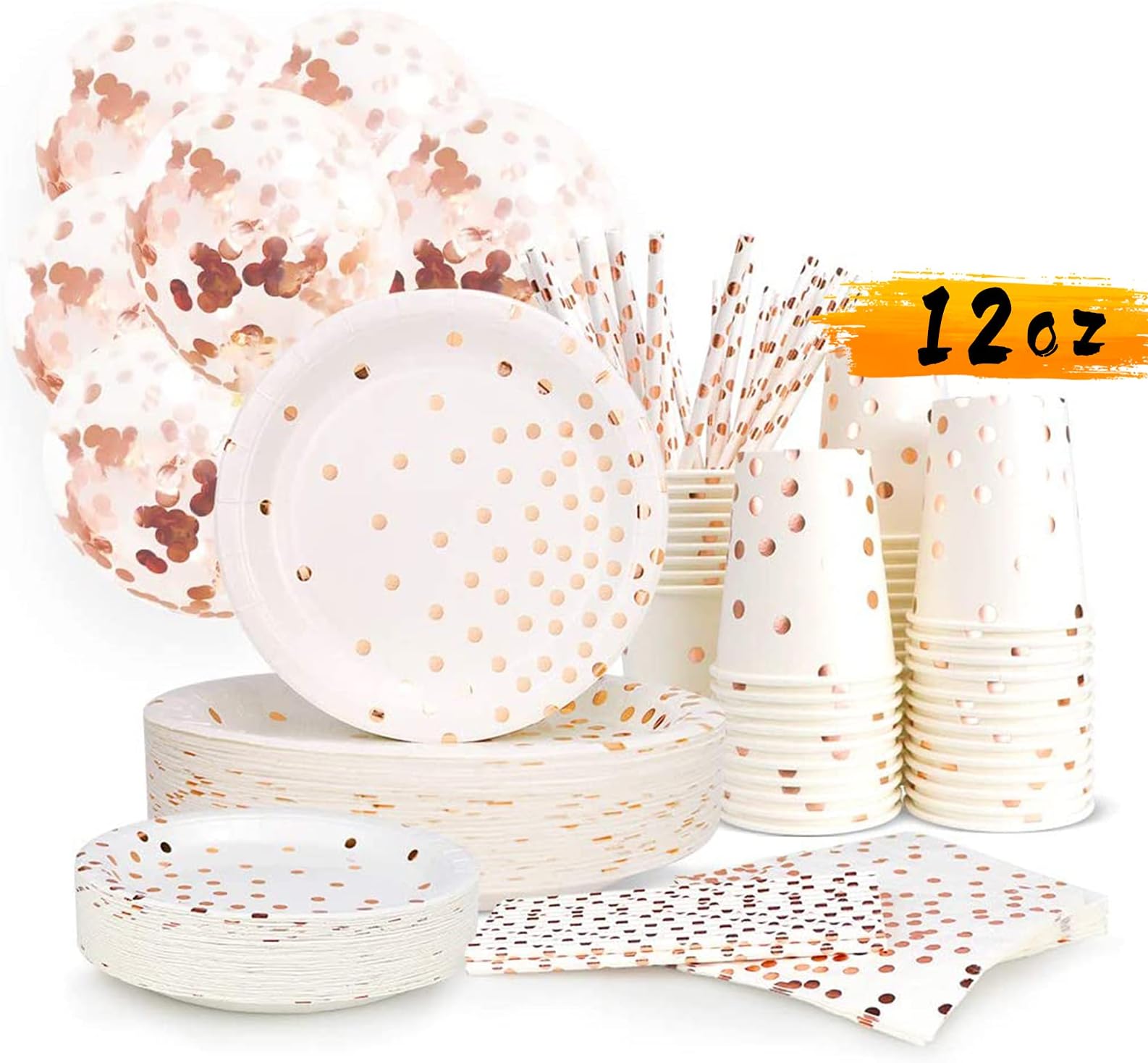 300PCS Rose Gold Paper Party Supplies - Disposable Paper Plates Dinnerware Set Rose Gold Dots 50 Dinner Plates 50 Dessert Plates 50 Cups 50 Napkins 50 Straws 50 Balloons Birthday Party Wedding Holiday