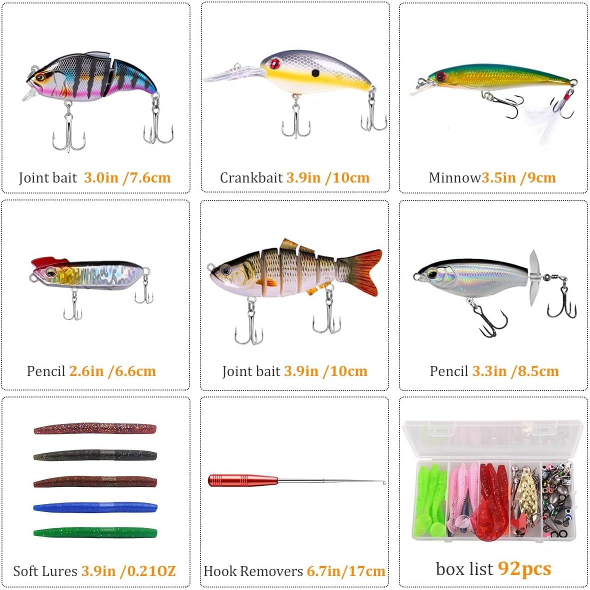 104PCS Fishing Lures Kit with Glide Bait, Hooks,Weights, Fish Hook Remover Tool& Fishing Accessories, Fishing Gear Gifts for Fisher Adult Men Teen Boys