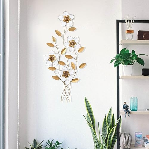 Vista 12 de Asense Decoración de pared de flores de metal de 37 pulgadas, arte de pared de flores blancas y doradas, escultura de hojas colgantes, decoración