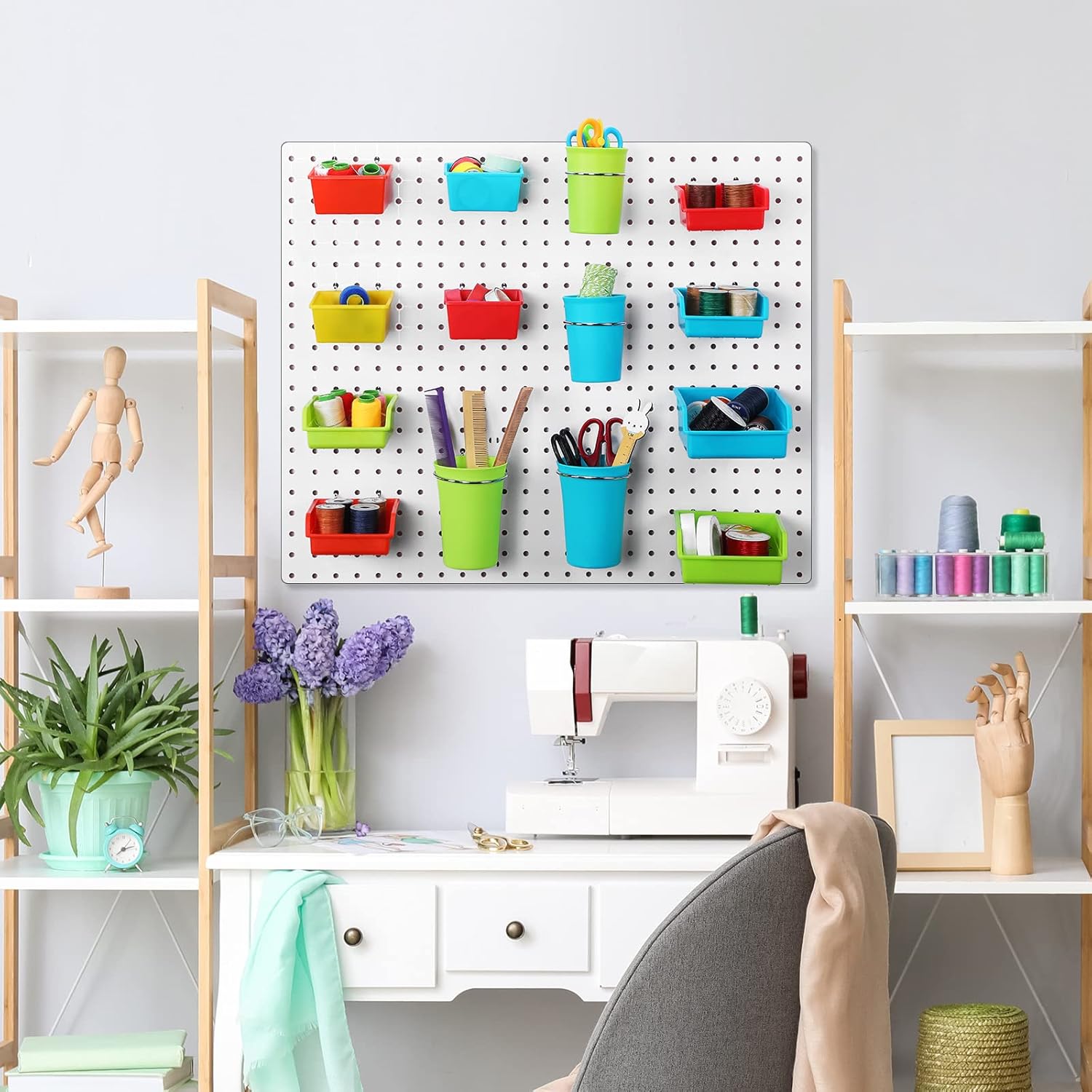 Roowest 60 Pcs Pegboard Cups Pegboard Bins Set, Wall Organizer with Hooks and Loops, Hooks Assortment Organizer Accessory for Office Storage Garage Craft Workshop(Multi Colors)
