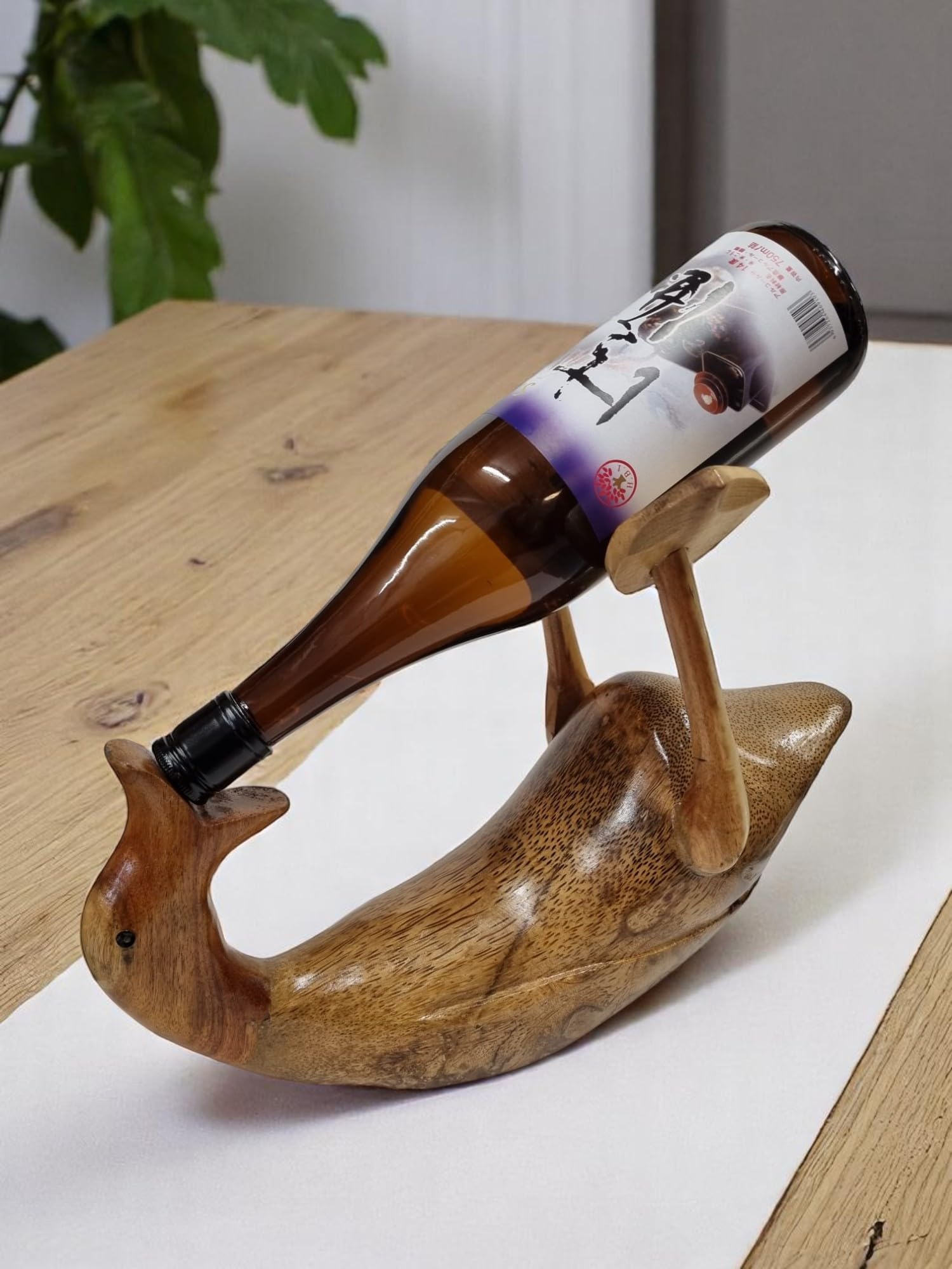 Kinaree Deko Ente aus Holz als Weinhalter – handgefertigte „Saufente“ aus Massivholz & Bambuswurzel – witziges Weinregal Geschenk