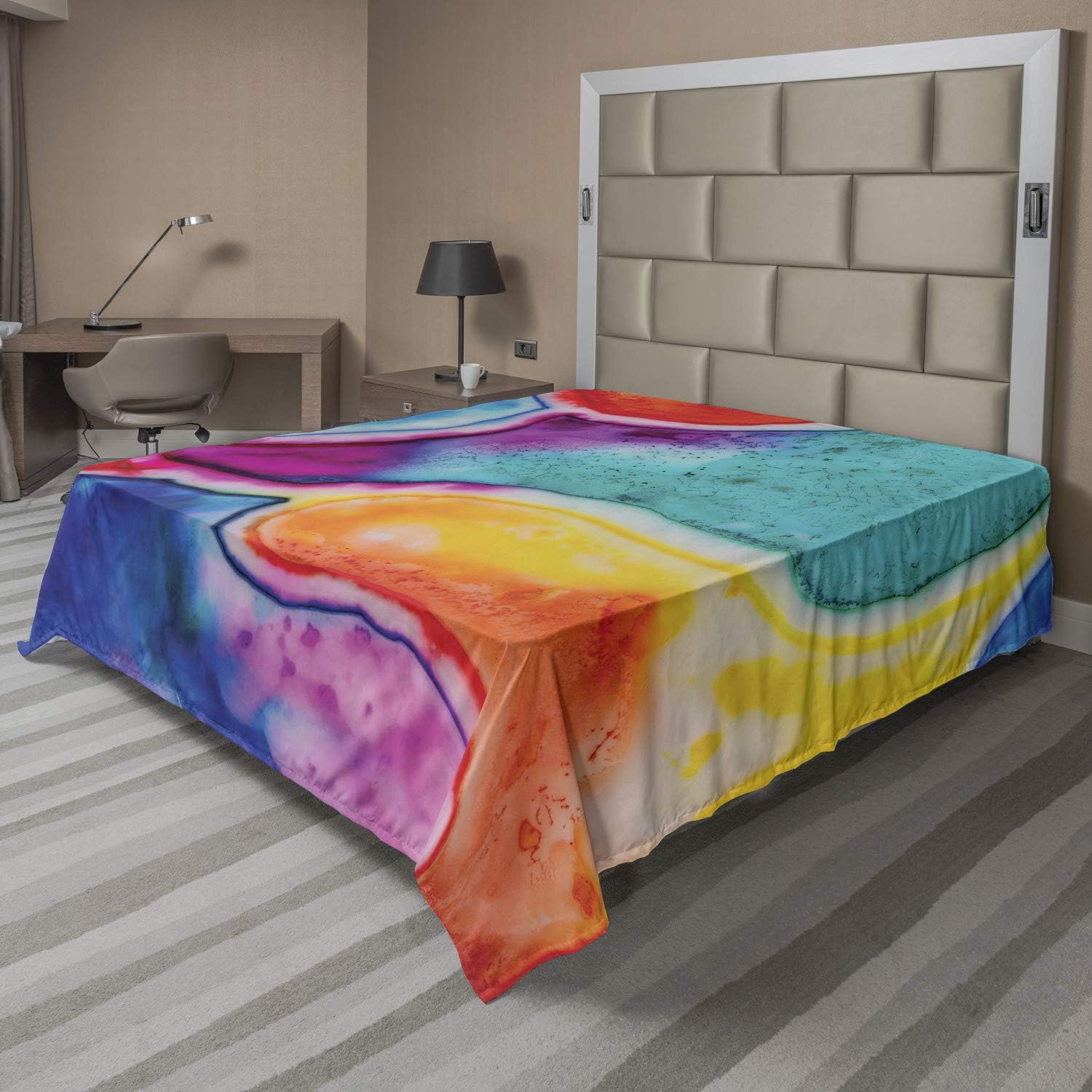 Ambesonne Tie Dye Flat Sheet, Watercolor Pools of Colorful Design Abstract Vibrant Messy Hand Painted Design, Soft Comfortable Top Sheet Decorative Bedding 1 Piece, Queen Size, Teal Purple