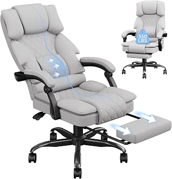 PZDO Desk Chair, Ergonomic Office Chair for Home, Fabric Computer Chairs with Footrest & Wide Seat, Big Tall Executive Chair for Adults, Adjustable Height Recliner, Heavy Duty, 350LBS, Light Grey