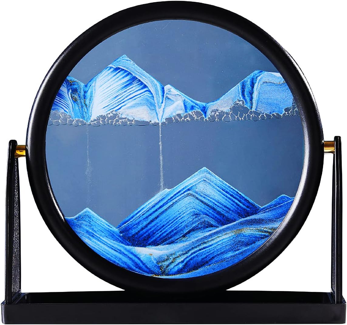 Moving Sand Art Picture Sandscape,3D Deep Sea Sand Art Round for Adult Relaxing Rotatable Toys Decor Desktop and Calming Decoration Home (Blue)