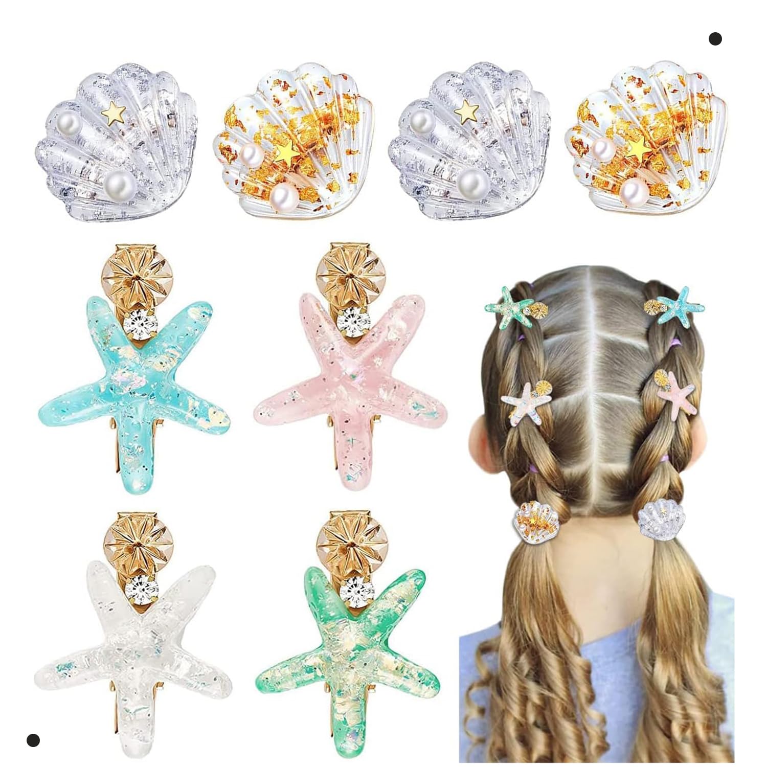 Xspring Hair Clips, 8 Pcs Shell Pearl Starfish Hair Clips, Mermaid Hair Accessories, Diamond Super Glitter Hair Clip, Seashell Pearl Hair Pins, Ladies and Girls Headwear Styling Tools Hair Accessories