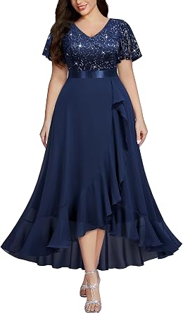 MISSMAY Womens Plus Size V Neck Sequin Lace Butterfly Sleeves Formal Evening Party Long Dress