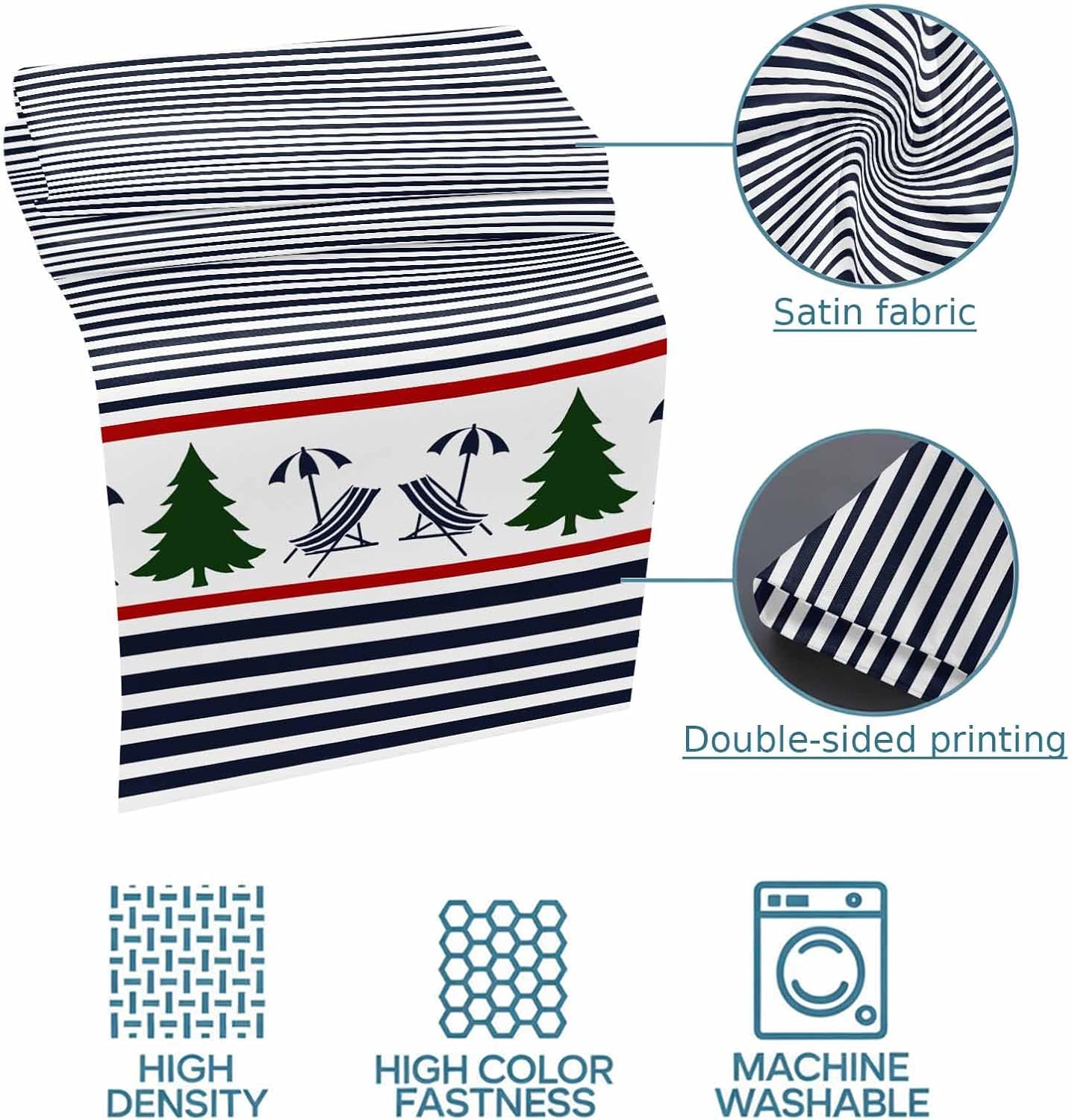 Christmas Navy Bed Runners for King Size Bed, Blue Stripes Xmas Tree Graffiti Art Bedding Scarf for Home Hotel Decorations, 94''x20''